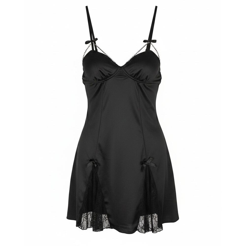 Y2K Lingerie Slip Dress Rhinestone Black Satin Lace M Whimsigoth Coquette Fairy